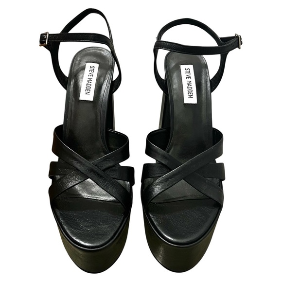 Steve Madden 9.5 Black Leather Y2K Grunge Chunky Platform Block Heel Sandals - Picture 5 of 13